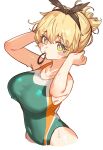  1girl absurdres alternate_hairstyle arms_behind_head bare_shoulders blonde_hair blush_stickers breasts ebora fate/grand_order fate_(series) gareth_(fate) green_eyes green_one-piece_swimsuit hair_flaps hair_tie hair_tie_in_mouth highres large_breasts looking_at_viewer mouth_hold one-piece_swimsuit short_hair solo swimsuit tying_hair wet white_background 