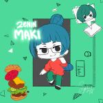  1girl black_eyes blue_hair burger cellphone character_name chibi chibi_only commentary doorway food full_body glasses green_pants hair_bun highres jujutsu_kaisen kinokorin long_sleeves looking_at_viewer pants partially_colored phone red_shirt shirt short_hair signature single_hair_bun smartphone smile solo spoken_character zen&#039;in_maki 