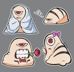  alternate_form back_tattoo bald blanket blob bow cyclops english_commentary flower flower_in_mouth full_body grey_background gums highres jujutsu_kaisen knullkhan one-eyed outline pink_bow red_bow red_flower red_rose ringed_eyes rose ryoumen_sukuna_(jujutsu_kaisen) ryoumen_sukuna_(true_form)_(jujutsu_kaisen) short_tail signature simple_background squiggle tail tattoo teeth twitter_username white_outline 