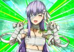  1girl aruhularudo bandage_over_one_eye bandaged_arm bandaged_head bandages bangs blush breasts closed_eyes double_v emotional_engine_-_full_drive fate/extra fate/extra_ccc fate/grand_order fate_(series) green_background hands_up highres kingprotea lavender_hair long_hair moss naked_bandage open_mouth parody sei_shounagon_(fate) small_breasts smile solo sparkle v very_long_hair 