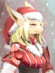  2017 anthro blonde_hair breasts bust_portrait canid canine christmas clothed clothing eyelashes female fox fully_clothed fur hair hat headgear headwear holidays kameloh kemono mammal portrait red_eyes red_scarf santa_hat smile snow solo standing sweater tan_body tan_fur topwear 