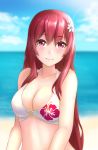  1girl 22/7 beach bikini breasts cleavage day floral_print flower hair_flower hair_ornament highres long_hair medium_breasts outdoors red_eyes red_hair satou_reika solo swimsuit upper_body white_bikini zen_cross 