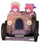  brown_eyes car driving highres hisui_(tsukihime) kohaku_(tsukihime) maid_headdress masatoshi_ikeda_(uug28aiuopy2six) motor_vehicle purple_eyes red_hair siblings simple_background sisters tsukihime twins white_background 