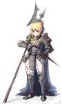  1girl absurdres ahoge alternate_costume armor artoria_pendragon_(all) bangs blonde_hair blue_cape boa_(brianoa) boots breastplate cape closed_mouth eyebrows_visible_through_hair fate/stay_night fate_(series) faulds full_armor full_body green_eyes hair_bun hair_ribbon hand_on_hip highres holding holding_weapon looking_at_viewer metal_boots over_shoulder pauldrons plate_armor polearm purple_ribbon ribbon saber sheath sheathed sidelocks simple_background solo standing sword twitter_username weapon weapon_over_shoulder white_background 