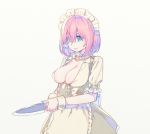 1girl belt_collar black_dress blue_eyes breasts closed_mouth collar copyright_request covered_nipples double-breasted dress hair_over_one_eye holding holding_knife knife large_breasts looking_at_viewer maid_headdress nagisa_kurousagi pink_hair shirt short_hair short_sleeves solo standing suspenders two-handed white_shirt 