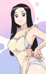  1girl apron black_hair bra breasts character_request closed_mouth commentary_request large_breasts long_hair looking_at_viewer minna_no_uta_(nhk) nearly_naked_apron oldschool panties solo ueyama_michirou underwear 