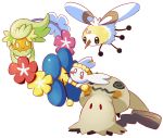  blush_stickers bounsweet cherubi closed_mouth comfey commentary conmimi creature cutiefly english_commentary eye_contact flabebe flower flying full_body gen_4_pokemon gen_6_pokemon gen_7_pokemon holding holding_flower looking_at_another mimikyu no_humans pokemon pokemon_(creature) simple_background smile standing tears white_background 