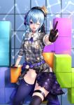  1girl beret block blue_eyes blue_hair commentary_request hair_ornament hat highres hololive hoshimachi_suisei leg_up looking_at_viewer medium_hair one_eye_closed open_mouth side_ponytail sitting solo suisei_channel tetris thighhighs v virtual_youtuber 