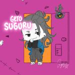  1boy character_name chibi chibi_only door earrings full_body getou_suguru hair_bun highres hitodama jacket jewelry jujutsu_kaisen kinokorin limited_palette long_hair long_sleeves looking_at_viewer male_focus no_nose solo standing 