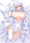  1girl azur_lane bangs bare_shoulders blue_eyes breasts cleavage dress elbow_gloves eyebrows_visible_through_hair garter_belt garter_straps gloves highres illustrious_(azur_lane) large_breasts lying mole mole_under_eye on_back open_mouth silver_hair strapless strapless_dress swd3e2 thighhighs thighs tri_tails white_dress white_gloves white_legwear 