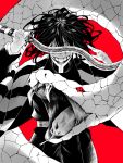  1boy animal covered_eyes cowboy_shot facial_scar haori higashitororo highres holding holding_sword holding_weapon iguro_obanai japanese_clothes kimetsu_no_yaiba long_sleeves monochrome mouth_scar oversized_animal red_background scar snake solo spot_color sword weapon 