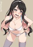  1girl black_hair bra breasts cleavage collarbone cowboy_shot grey_background grey_legwear hair_down hairband highres ifuji_shinsen kantai_collection large_breasts leaning_forward long_hair looking_at_viewer multicolored_hair naganami_(kantai_collection) open_mouth panties pink_hair remodel_(kantai_collection) side-tie_panties skindentation solo standing teeth thighhighs twitter_username two-tone_hair underwear underwear_only wavy_mouth white_bra white_hairband white_panties 