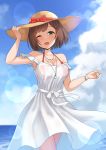  1girl bangs bare_shoulders blush breasts brown_hair cleavage cloud collarbone commentary day dress eyebrows_visible_through_hair green_eyes hat highres idolmaster idolmaster_cinderella_girls jewelry kurisu-kun large_breasts looking_at_viewer maekawa_miku necklace open_mouth outdoors short_hair smile solo sun_hat white_dress 