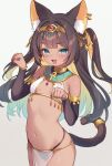  1girl ancient_egyptian ancient_egyptian_clothes animal_ears bare_shoulders black_hair black_panties blue_eyes blush breasts cat_ears cat_tail colored_inner_hair commentary_request dark-skinned_female dark_skin detached_sleeves fang highres if_you_want_to_become_a_godly_artist_(trend) loincloth long_hair looking_at_viewer multicolored_hair navel open_mouth original panties paw_pose shouni_(sato3) simple_background skin_fang small_breasts smile solo stomach tail tail_ornament tail_ring two-tone_hair two_side_up underwear usekh_collar white_background 