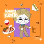  1boy alcohol blue_shirt brown_jacket brown_pants character_name chibi chibi_only closed_mouth food glasses highres jacket jujutsu_kaisen kinokorin looking_at_viewer male_focus nanami_kento necktie pants partially_colored red_necktie round_eyewear sandwich shirt short_hair solo steak wine 