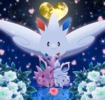  black_eyes claws closed_eyes couple creature facing_another flower flying full_body gen_1_pokemon gen_4_pokemon heart hetero looking_at_another maiko_(mimi) nidoran no_humans pokemon pokemon_(creature) rose smile snowflakes togekiss white_flower white_rose 