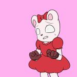  1:1 anthro aragota black_nose blouse bodily_fluids bottomwear bow clothed clothing dreams_(video_game) female frances_(dreams) fur gloves handwear hi_res mammal nervous pink_background simple_background standing sweat teeth topwear ursid video_games white_body white_fur 