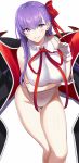  1girl bangs bare_shoulders bat_wings bb_(fate)_(all) bb_(swimsuit_mooncancer)_(fate) black_coat blush breasts covered_navel fate/grand_order fate_(series) gloves hair_ribbon highleg highleg_leotard highres large_breasts leotard long_hair looking_at_viewer neck_ribbon parted_lips purple_eyes purple_hair red_ribbon ribbon simple_background smile solo sukebewe vampire_costume very_long_hair white_background white_gloves white_leotard wing_collar wings 