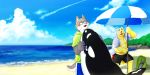  2014 2:1 anthro beach belly blush bottomwear canid canine clothed clothing detailed_background duo eyewear glasses humanoid_hands kemono male mammal n_gata21 open_shirt outside overweight overweight_male seaside shirt shorts topwear water 