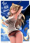  1girl animal_ears arknights arm_up armpits bare_shoulders belt breasts brown_eyes brown_hair collarbone commentary_request cowboy_shot cutoffs hair_between_eyes highres holding_lollipop large_breasts lion_ears lion_tail long_hair looking_at_viewer phandit_thirathon red_shorts shirt short_shorts shorts siege_(arknights) sleeveless sleeveless_shirt solo sweat tail thighs white_shirt 