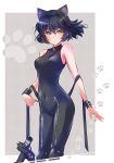  2019 absurd_res animal_humanoid bare_shoulders black_clothing black_hair blake_belladonna bodysuit border breasts cat_humanoid clothing commentary covered_navel faunus felid felid_humanoid feline feline_humanoid female gun hair hi_res humanoid iesupa knee_pads mammal mammal_humanoid medium_breasts ranged_weapon ribbons rwby short_hair simple_background skinsuit solo tight_clothing weapon white_border wristband yellow_eyes zipper 