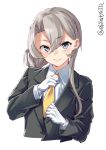  1girl alternate_costume asymmetrical_hair bangs blush cropped_torso ebifurya eyebrows_visible_through_hair flipped_hair formal gloves hair_between_eyes highres jacket kantai_collection long_hair long_sleeves necktie nowaki_(kantai_collection) shirt silver_eyes silver_hair simple_background smile solo suit swept_bangs twitter_username white_background white_gloves white_shirt yellow_neckwear 