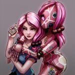  1boy 1girl 1other atarax_art blue_shirt cellphone commentary dixie_cup_hat doodle_inset green_eyes grey_background hair_bobbles hair_ornament hat higashikata_josuke_(jojolion) highres hirose_yasuho holding holding_phone hug hug_from_behind humanoid_robot joints jojo_no_kimyou_na_bouken jojolion long_hair looking_at_viewer makeup map_print military_hat paisley_park_(stand) phone pink_eyes pink_hair pink_nails robot robot_joints sailor_hat shirt short_sleeves smartphone stand_(jojo) 