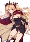  1girl asymmetrical_legwear asymmetrical_sleeves bangs between_breasts black_legwear black_leotard blonde_hair blush bow breasts cape detached_collar earrings ereshkigal_(fate/grand_order) fate/grand_order fate_(series) fur-trimmed_cape fur_trim gold_trim hair_bow highleg highleg_leotard highres hood hooded_cape hoop_earrings infinity jewelry leotard long_hair looking_at_viewer m-ya necklace parted_bangs red_bow red_cape red_eyes simple_background single_sleeve single_thighhigh skull smile solo spine thighhighs tiara two_side_up white_background 