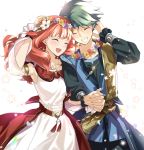  1boy 1girl alm_(fire_emblem) armlet blue_headband celica_(fire_emblem) closed_eyes dress fire_emblem fire_emblem_echoes:_shadows_of_valentia fire_emblem_heroes green_hair grin head_wreath headband holding_hands long_hair long_sleeves misu_kasumi open_mouth petals red_hair short_hair simple_background smile white_background 