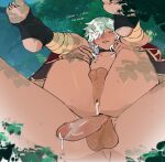  2boys absurdres after_anal after_sex anal aroused blush closed_eyes commentary cum cum_in_ass cum_on_body cum_on_penis cyno_(genshin_impact) dark-skinned_male dark_skin english_commentary english_text erection forest genshin_impact hair_over_one_eye heart highres holding_another's_legs knees_up male_focus multiple_boys nature open_mouth outdoors penis public_indecency red_eyes reverse_upright_straddle riki0928 sitting sitting_on_lap sitting_on_person talking testicles trembling uncensored white_hair yaoi 