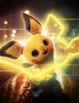  :d absurdres brown_eyes creature detective_pikachu detective_pikachu_(movie) full_body gen_2_pokemon glowing happy highres light looking_at_viewer mushygushy911 no_humans open_mouth pichu pokemon pokemon_(creature) realistic reflection shadow smile solo standing 