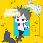  1boy black_eyes black_hair character_name chibi chibi_only closed_mouth doorway full_body fushiguro_megumi gyokuken highres jitome jujutsu_kaisen kinokorin male_focus pants short_hair signature spiked_hair wolf yellow_background 