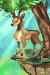  brown_eyes cliff commentary creature deer drawingpkmneveryday english_commentary full_body gen_5_pokemon grass no_humans pokemon pokemon_(creature) sawsbuck solo standing tree 