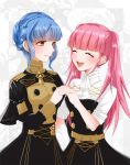  2girls belt blue_hair braid brown_eyes closed_eyes closed_mouth crown_braid epaulettes fire_emblem fire_emblem:_three_houses garreg_mach_monastery_uniform highres hilda_valentine_goneril holding_hands long_hair long_sleeves marianne_von_edmund multiple_girls open_mouth pink_hair twintails twitter_username uniform yutohiroya 