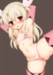  1girl armpits bangs bikini black_legwear blush boots brown_background commentary_request eyebrows_visible_through_hair fate/kaleid_liner_prisma_illya fate_(series) gloves illyasviel_von_einzbern long_hair looking_at_viewer micro_bikini navel open_mouth pink_bikini pink_gloves pink_legwear red_eyes simple_background solo swimsuit thigh_boots thighhighs toshishikisai 