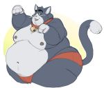  anthro bell bell_collar belly black_body black_fur captainjusticevirtsuoso clothed clothing collar dewlap_(anatomy) domestic_cat double_chin felid feline felis fur male mammal moobs navel nipples obese obese_male open_mouth open_smile overweight overweight_male paw_pose pose skimpy smile solo thick_thighs topless underwear white_body white_fur wide_hips 