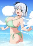  1girl :d absurdres alternate_breast_size_(larger) ass bikini black_hairband blue_sky breasts cloud cloudy_sky day green_bikini green_eyes grey_hair hairband highres konpaku_youmu konpaku_youmu_(ghost) large_breasts looking_at_viewer nori_tamago ocean open_mouth outdoors short_hair sky smile solo swimsuit touhou wading 