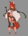 1girl absurdres animal_ears belt black_panties cape closed_mouth contrapposto criss-cross_halter fox_ears fox_tail full_body green_scarf grey_background hair_over_one_eye halterneck hand_up highres knee_pads looking_at_viewer nagisa_kurousagi navel original panties red_hair sandals scarf simple_background solo standing tail underwear white_cape 