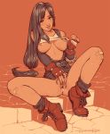  1girl black_hair boots breasts combat_boots commentary detached_sleeves english_commentary final_fantasy final_fantasy_vii fingering fingerless_gloves full_body gloves highres lips long_hair looking_at_viewer loose_socks low-tied_long_hair masturbation medium_breasts nipples no_bra pussy pussy_juice red_eyes red_gloves shirt_lift sitting skirt solo spread_legs suspender_skirt suspenders tank_top tifa_lockhart uncensored winton_kidd 