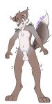  1:2 2020 4_toes alpha_channel animal_genitalia anthro balls barefoot biped blush brown_body brown_fur brown_hair canid canine canis chest_tuft claws countershade_face countershade_torso countershading digital_media_(artwork) dipstick_tail fluffy fluffy_tail fully_sheathed fur genitals gesture grey_body grey_fur grey_nose hair hi_res humanoid_hands mammal multicolored_body multicolored_fur multicolored_tail open_mouth paws pinup pose sheath standing surprised_look toes tuft vexd wolf wolfie-pawz yellow_eyes 