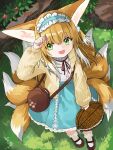  1girl animal_ears arknights basket blonde_hair blue_hairband blue_skirt cardigan commentary fox_ears fox_girl fox_tail frilled_hairband frills green_eyes hairband highres holding holding_basket kitsune long_sleeves multicolored_hair multiple_tails neck_ribbon official_alternate_costume open_cardigan open_clothes red_ribbon ribbon shirt shoes skirt solo suzuran_(arknights) suzuran_(spring_praise)_(arknights) tail two-tone_hair waichi white_hair white_shirt yellow_cardigan 
