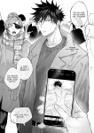  1girl 2boys belt crowd english_text fingernails fushiguro_megumi greyscale highres holding holding_phone itadori_yuuji jujutsu_kaisen kugisaki_nobara looking_at_viewer male_focus monochrome multiple_boys neskuna out_of_frame phone scar scar_on_face short_hair speech_bubble standing twitter_username yaoi 