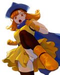 1girl alena_(dq4) arinsu_(kodamamaimai) boots breasts cape curly_hair dragon_quest dragon_quest_iv dress gloves hat highres long_hair looking_at_viewer open_mouth orange_hair panties red_eyes simple_background solo underwear white_background 