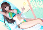  1girl absurdres aozaki_aoko arm_behind_head bikini blue_eyes breasts brown_hair cleavage commentary_request green_bikini hair_intakes highres huhun large_breasts long_hair mahou_tsukai_no_yoru milestone_celebration navel side-tie_bikini_bottom solo star_(symbol) swimsuit 