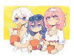  1boy 2girls bikini black_gloves blush bracelet coffee_(icedcaffieships) commentary cup_ramen eating_hair elf elysia_(honkai_impact) elysia_(miss_pink_elf)_(honkai_impact) elysia_(summer_miss_elf)_(honkai_impact) english_commentary eyewear_on_head fingerless_gloves food_in_mouth fu_hua fu_hua_(shadow_knight) gloves grey_hair hairband highres honkai_(series) honkai_impact_3rd jewelry kevin_kaslana long_hair multiple_girls official_alternate_costume open_clothes open_shirt pink_hair pointy_ears shirt short_hair single_glove sunglasses swimsuit white_bikini white_hair white_hairband white_shirt 