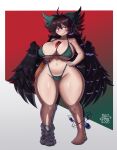  1girl absurdres ahoge areola_slip asymmetrical_footwear atom bikini bird_wings black_hair black_wings blush bow breasts cameltoe cleavage closed_mouth commentary curvy dated elfabienst full_body gradient_background green_bikini green_bow groin hair_bow highres large_breasts long_hair looking_to_the_side mismatched_footwear navel red_eyes reiuji_utsuho signature solo standing swimsuit thick_thighs thighs third_eye touhou variant_set wings 
