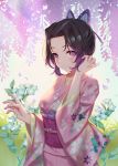  1girl bangs black_hair blush breasts butterfly_hair_ornament closed_mouth floral_background floral_print flower flower_request gradient_hair hair_ornament hair_tucking highres japanese_clothes kimetsu_no_yaiba kimono kochou_shinobu littleamber long_sleeves looking_at_viewer multicolored_hair obi outstretched_hand parted_bangs petals pink_kimono purple_eyes purple_hair sash smile solo sunlight upper_body wisteria 