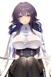  1girl azuma_(azur_lane) azur_lane bangs black_gloves black_legwear blush bra_through_clothes breasts brown_eyes gloves hair_between_eyes hair_ornament hairclip highres hoerutarou katana large_breasts long_hair looking_at_viewer open_mouth pantyhose purple_hair sidelocks signature simple_background sitting solo sword thighband_pantyhose weapon white_background 