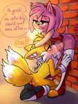 2020 2_tails 3:4 amy_rose anthro anthro_on_anthro anthro_penetrated anthro_penetrating anthro_penetrating_anthro black_nose blue_eyes blush bodily_fluids boots canid canine clothed clothed_sex clothing cum cum_in_mouth cum_inside dialogue dipstick_tail duo english_text eulipotyphlan fellatio footwear fox genital_fluids genitals gloves green_eyes gynomorph gynomorph/male gynomorph_penetrating gynomorph_penetrating_male hair half-closed_eyes handwear hedgehog hi_res intersex intersex/male intersex_penetrating intersex_penetrating_male krazyelf looking_pleasured male male_penetrated mammal miles_prower multi_tail multicolored_tail narrowed_eyes oral oral_penetration penetration penile penis pink_hair sex sonic_the_hedgehog_(series) text 