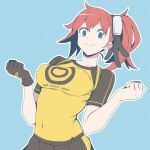  1girl aiba_ami ayu_(ddestiny944) black_gloves black_shirt black_skirt blue_background blue_eyes breasts clenched_hands covered_navel covered_nipples cowboy_shot digimon digimon_story:_cyber_sleuth gloves goggles goggles_on_head highres impossible_clothes impossible_shirt large_breasts pleated_skirt print_shirt red_hair shirt side_ponytail simple_background single_glove skirt solo two-tone_shirt yellow_shirt 